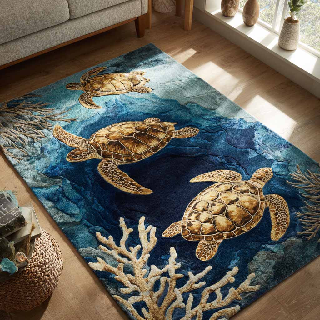 Azure Drift rug – turtles over coral
