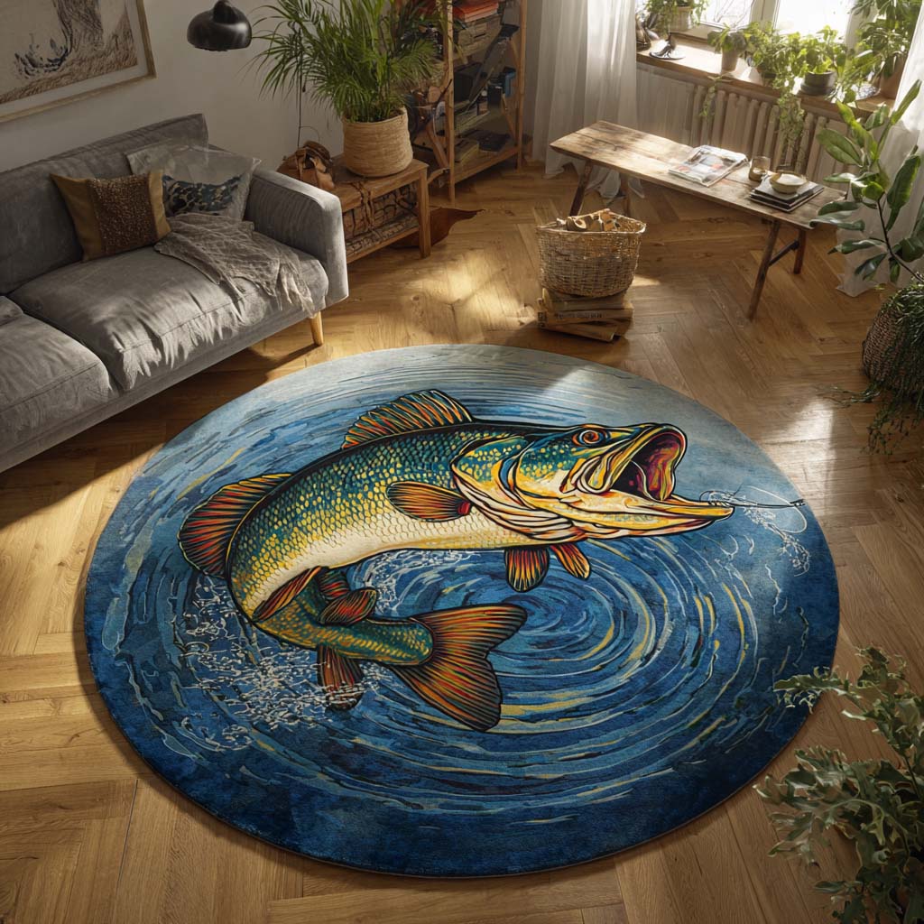 Azure Fishing round rug – fish in blue swirls
