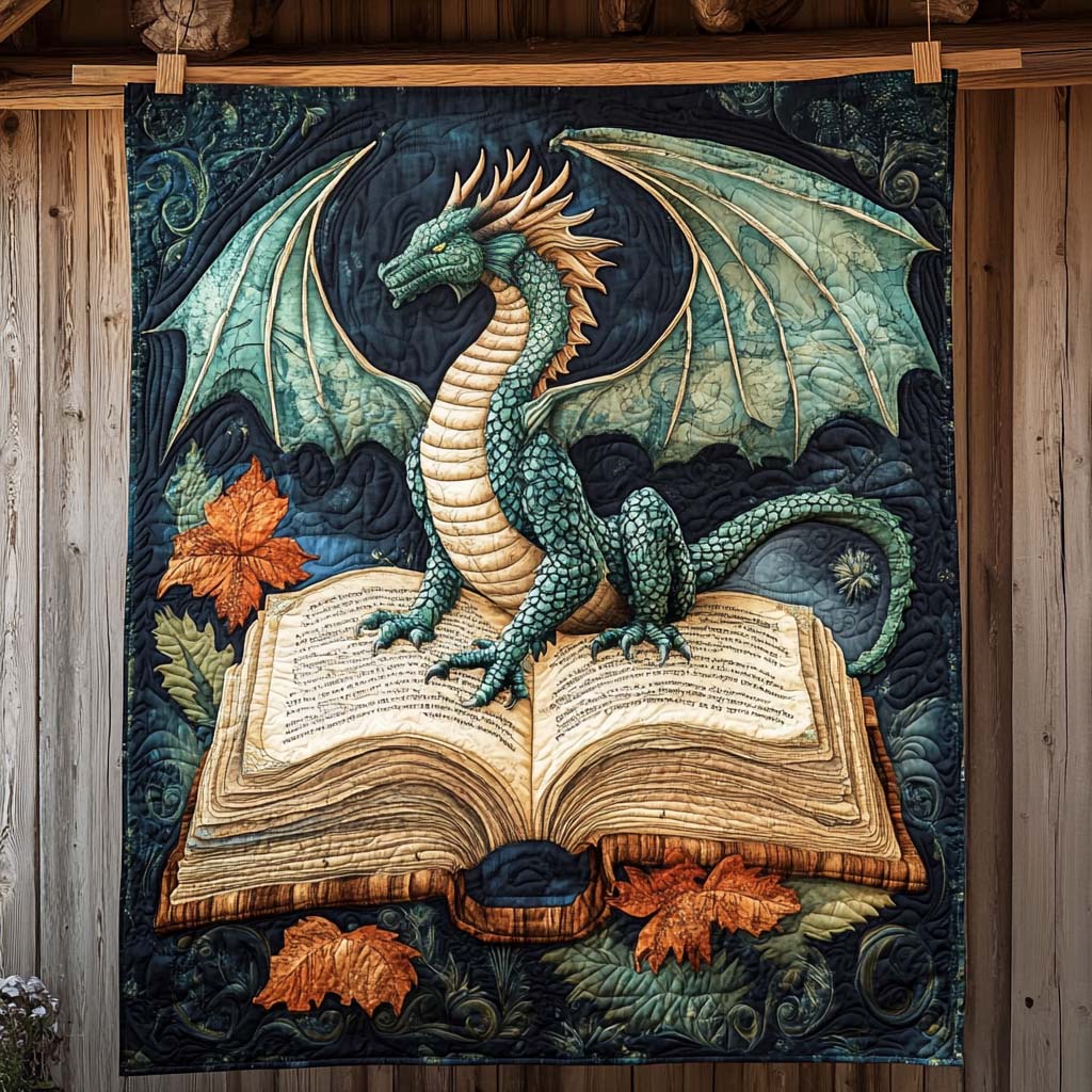 Green Dragon Storybook quilted throw – green dragon on an open storybook