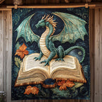 Green Dragon Storybook quilted throw – green dragon on an open storybook