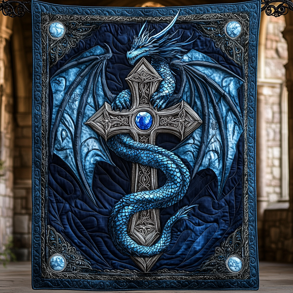 Dragon and Cross quilted throw – blue dragon around a silver cross