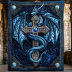 Dragon and Cross quilted throw – blue dragon around a silver cross