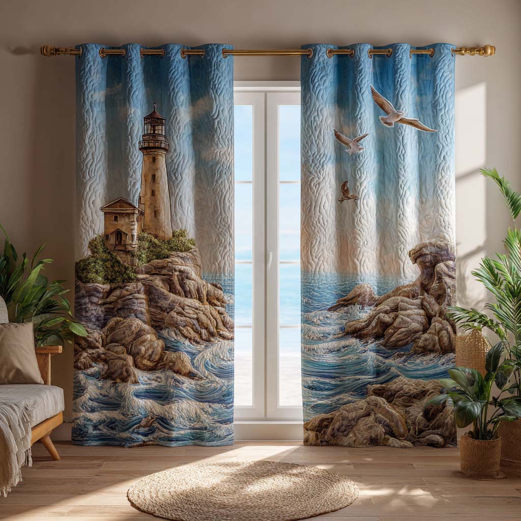 Lighthouse Cove quilted curtains – lighthouse on coastal rocks
