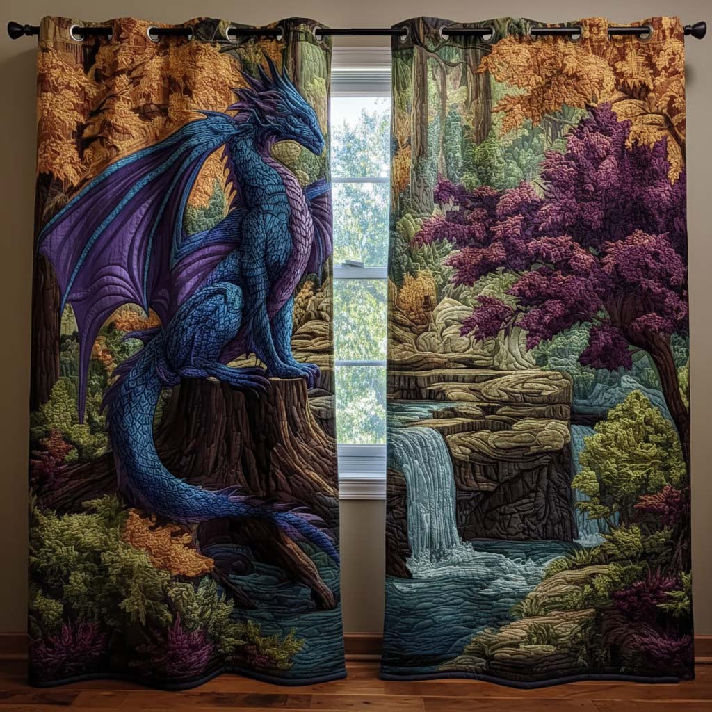 Dragon Waterfall quilted curtains – blue dragon by a waterfall