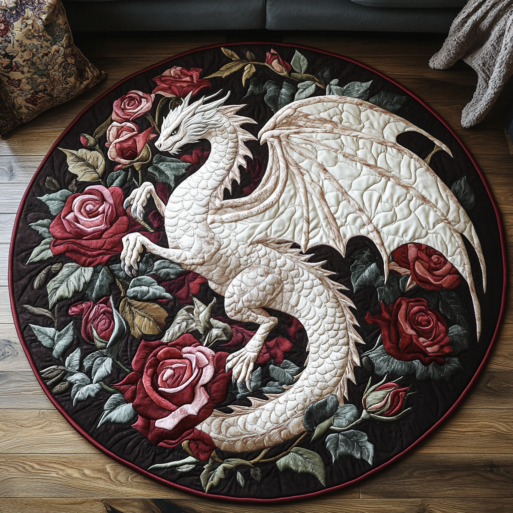 Azure Wing round quilted mat – white dragon and roses