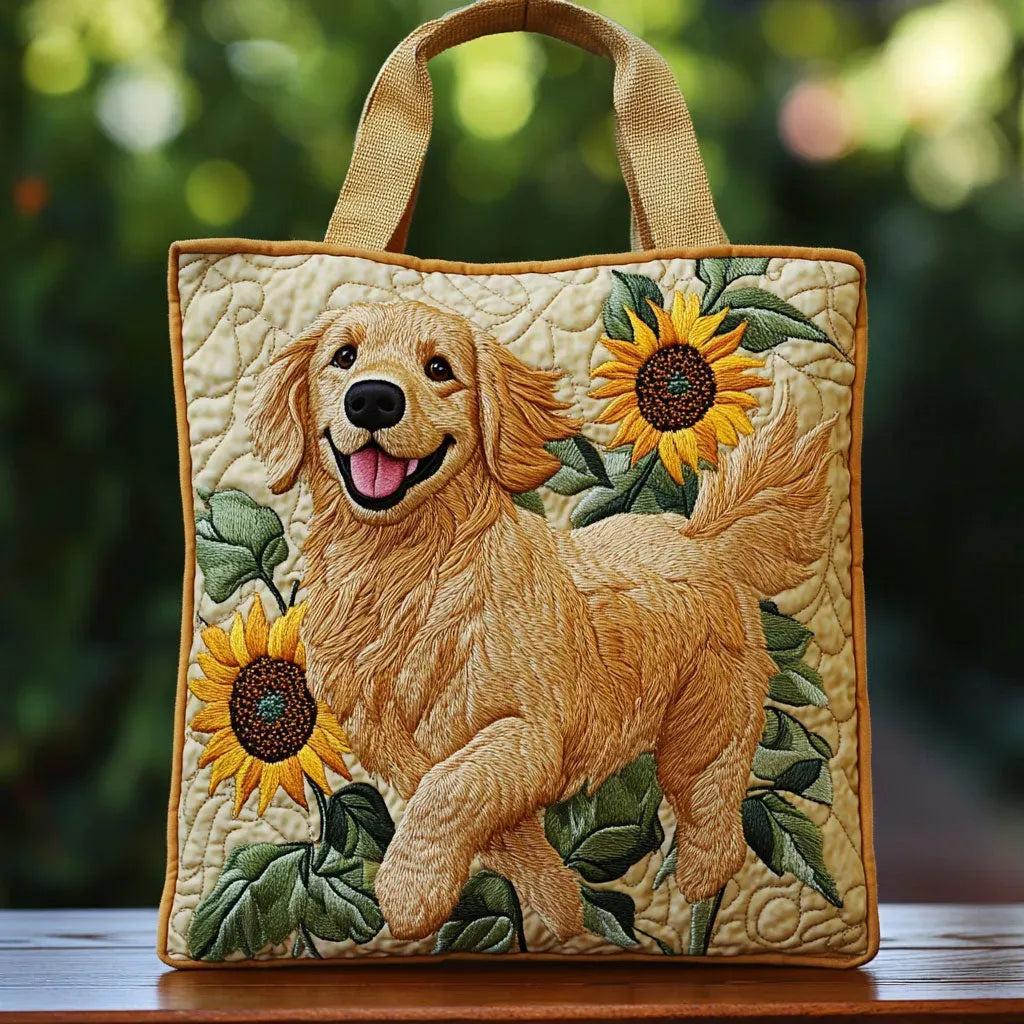 Artisan quilted tote bag with a golden retriever's face shaded in honey and cream on a quilted background