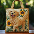 Artisan quilted tote bag with a golden retriever's face shaded in honey and cream on a quilted background