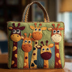 Artisan quilted tote bag with a Giraffe reaching into leaves, its long neck patterned in warm ochre and cream beneath an open sky