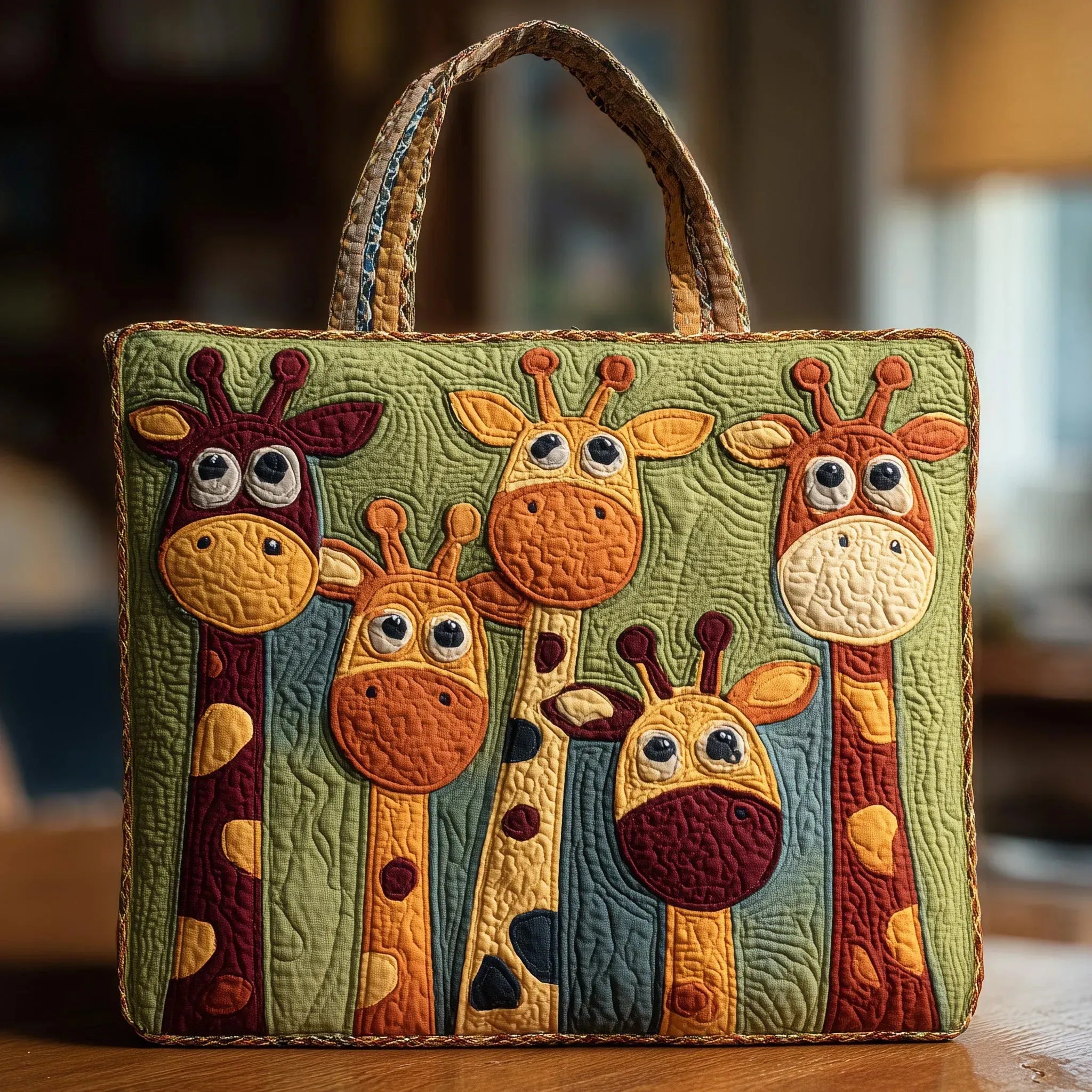 Artisan quilted tote bag with a Giraffe reaching into leaves, its long neck patterned in warm ochre and cream beneath an open sky