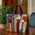 Artisan quilted tote bag with a leaning stack of well-read books in mismatched colours and reading glasses resting on top