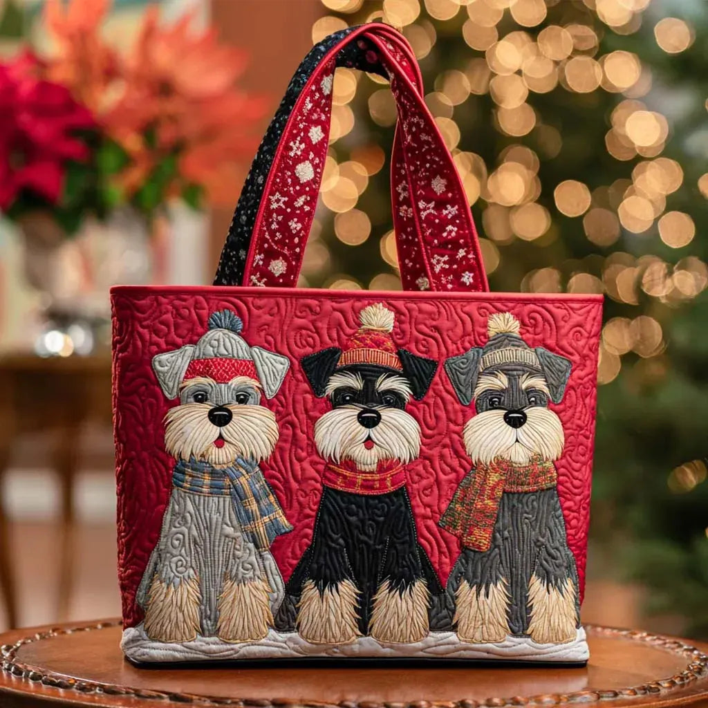 Artisan quilted tote bag with three schnauzers sitting in a row, beards neat and eyebrows raised