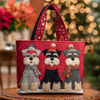 Artisan quilted tote bag with three schnauzers sitting in a row, beards neat and eyebrows raised