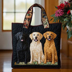 Artisan quilted tote bag with three labradors sitting shoulder to shoulder in black, golden and chocolate