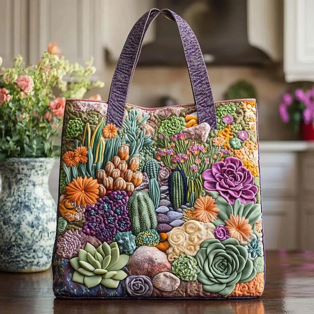 Artisan quilted tote bag with the Succulent Garden design, neat rosettes of succulents in sage, dusky pink and pale green.