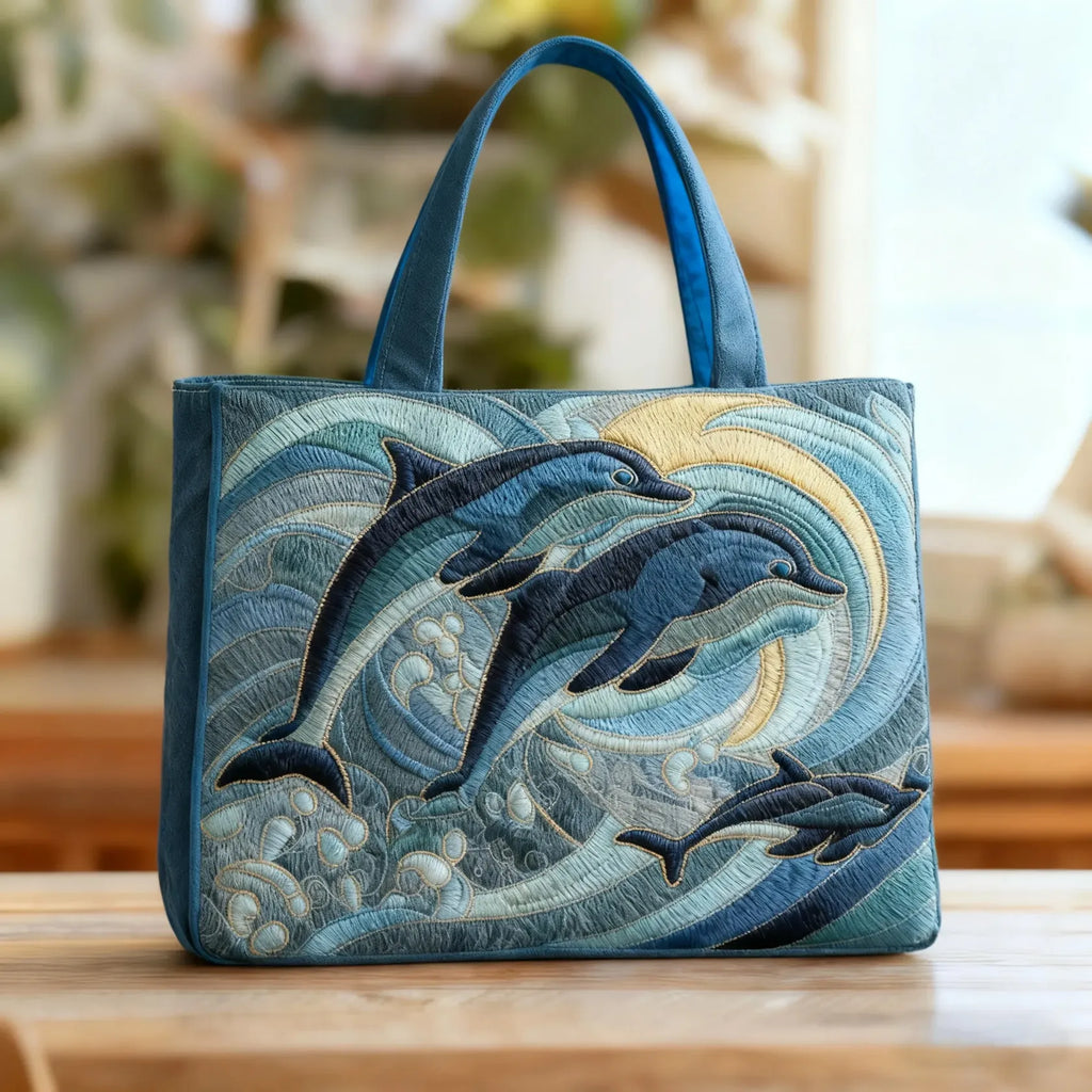 Artisan quilted tote bag with a dolphin leaping clear of curling waves under a pale open sky