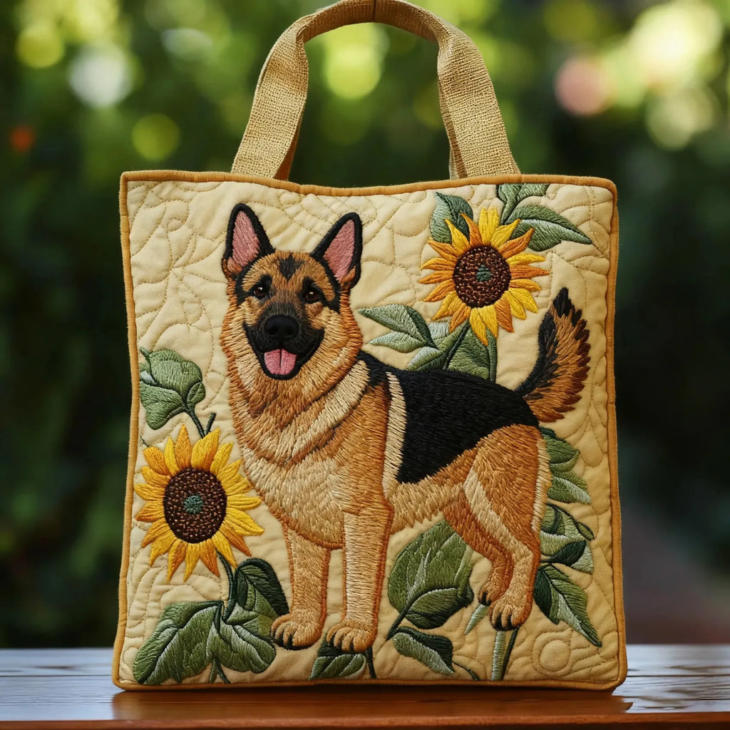 Artisan quilted tote bag with a German shepherd portrait framed by open blooms in soft pinks and greens