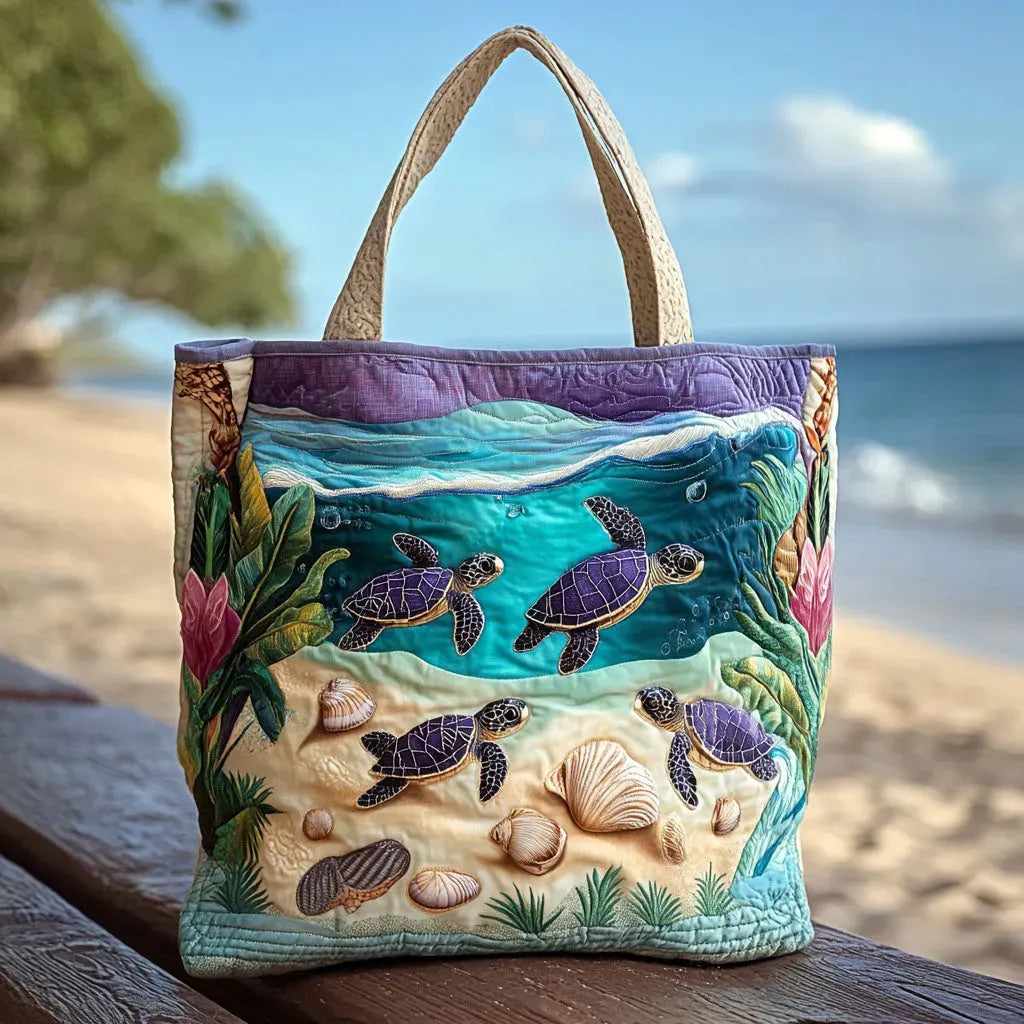 Artisan quilted tote bag with a still lagoon scene in blues and greens, broken light on the water and reeds at the edge