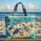 Artisan quilted tote bag with the Turtle Love design, two sea turtles swimming side by side, shells patterned in gold and coral against blue-green water