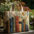 Artisan quilted tote bag with Books and Flowers, old books standing upright in faded reds and blues beside a posy of garden flowers