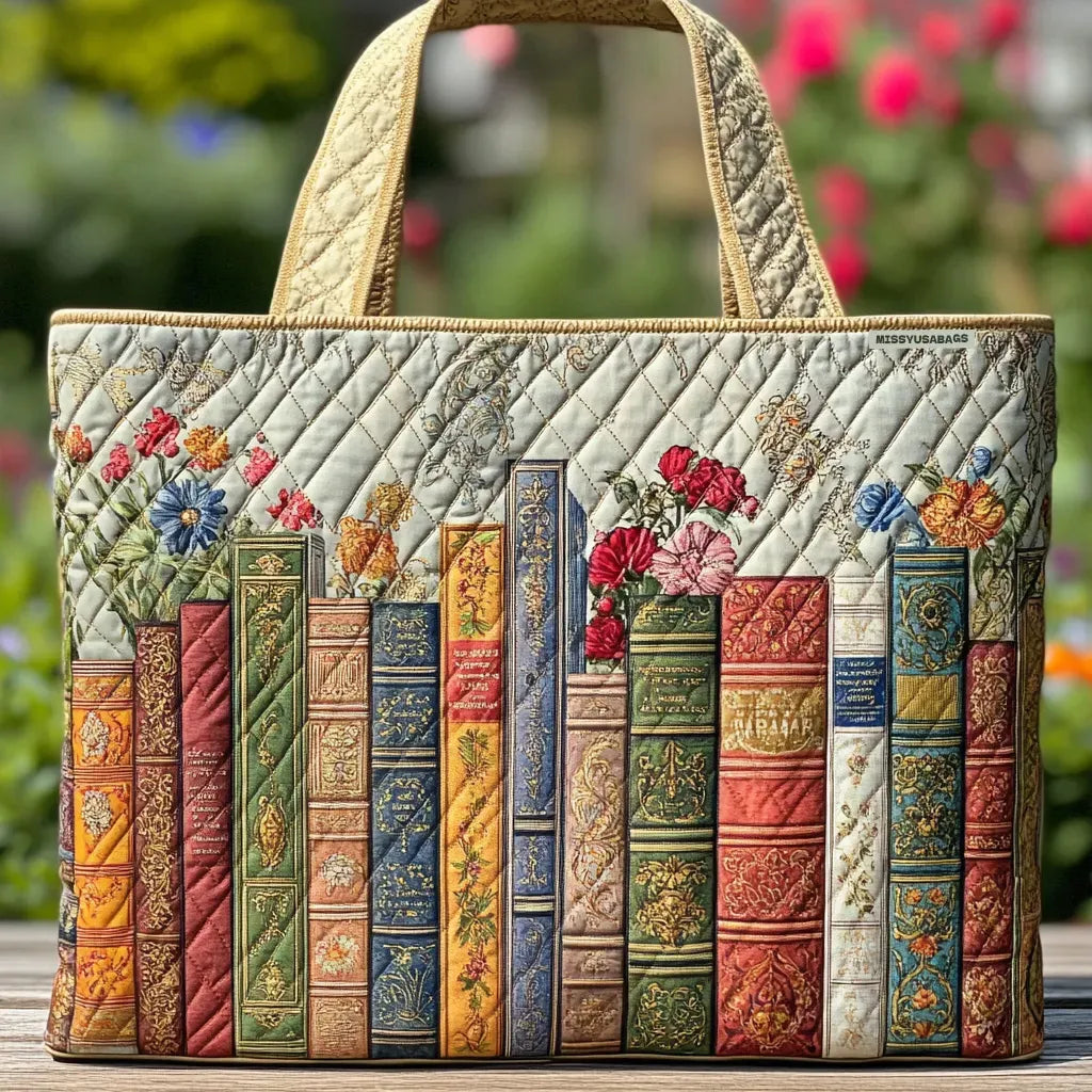 Artisan quilted tote bag with tall glowing bookshelves and small stars scattered across the book spines