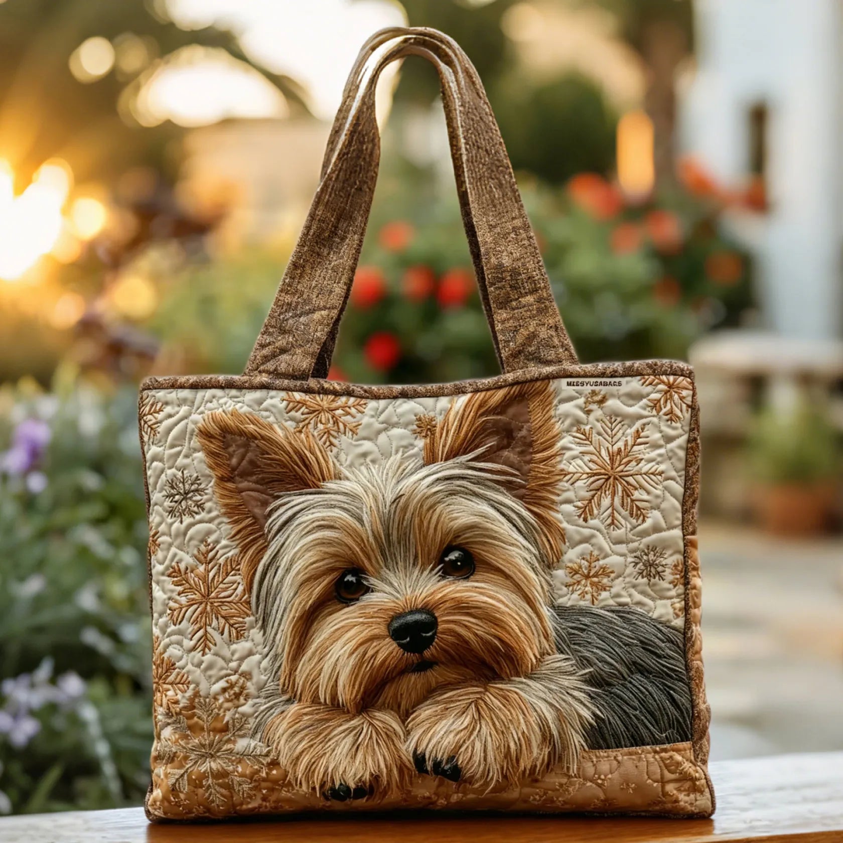 Artisan quilted tote bag with the Adorable Yorkshire Terrier design, a Yorkshire terrier with a neat topknot in steel blue and tan.