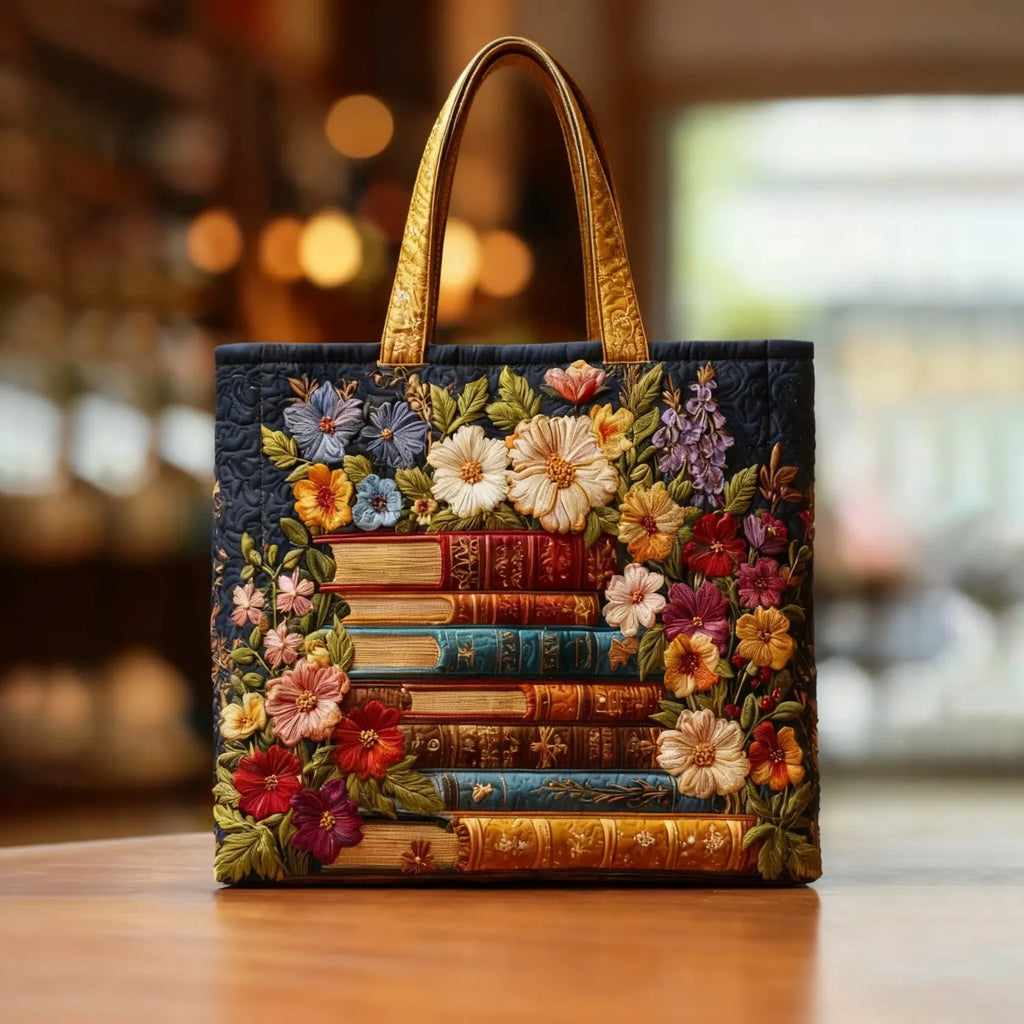 Artisan quilted tote bag with a Floral Print and Books design, a flat stack of cream-edged books beneath scattered blooms