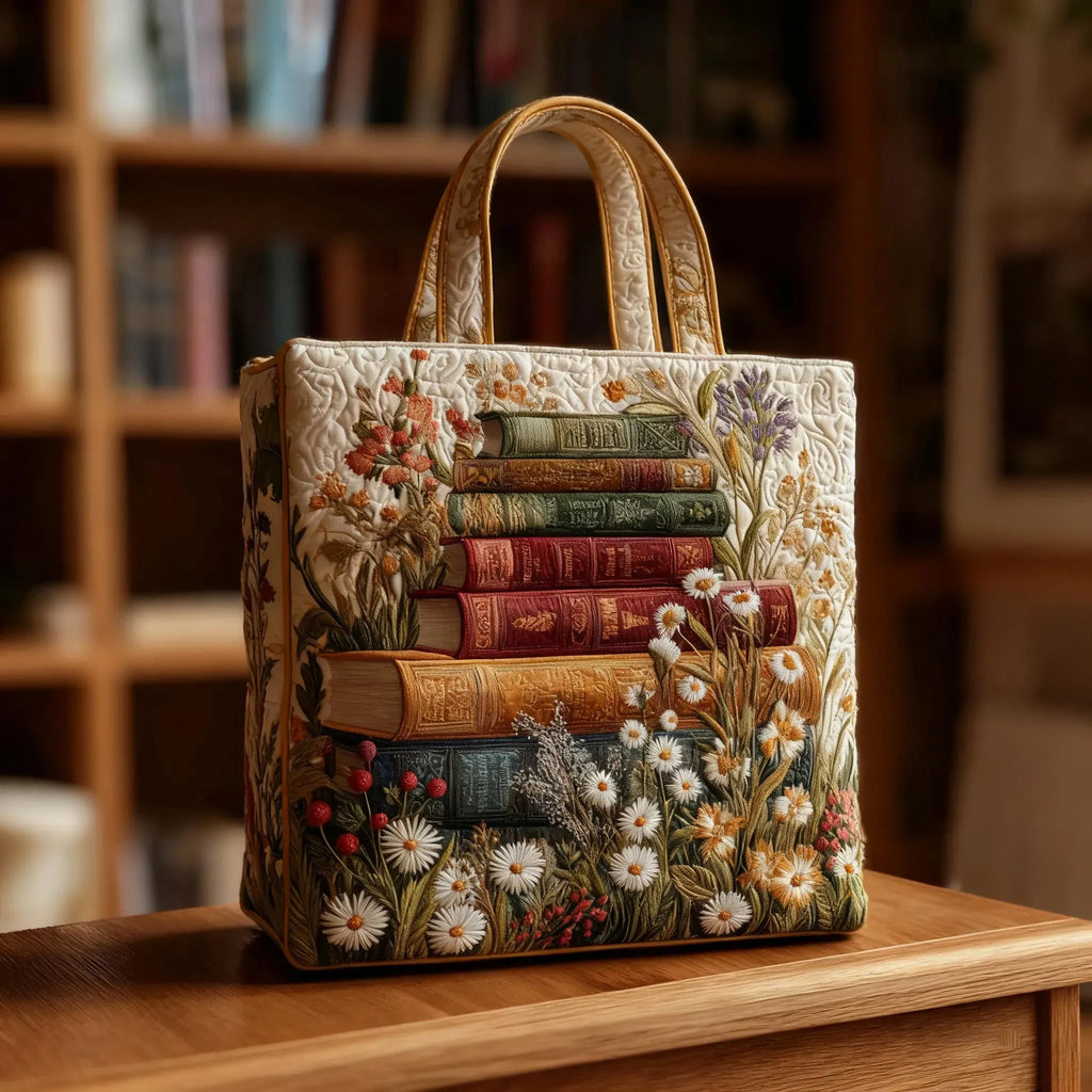 Artisan quilted tote bag with poppies, cornflowers and ox-eye daisies scattered amongst fine meadow grasses