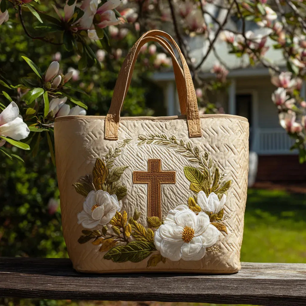 Artisan quilted tote bag with a Sacred Cross at the centre, worked in soft golds and blues within a simple quilted border
