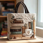 Artisan quilted tote bag with a steaming coffee cup beside an open book and loose turning pages in warm brown tones