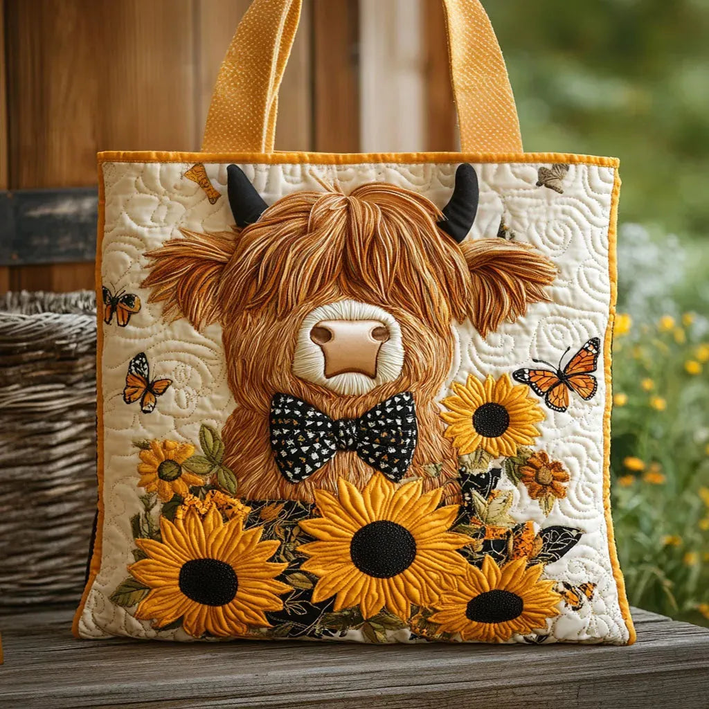 Artisan quilted tote bag with the Highland Cow with Sunflowers design, a shaggy ginger Highland cow with golden sunflowers behind one ear.