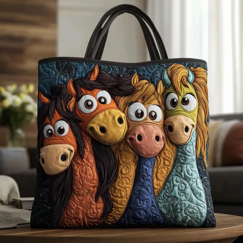 Artisan quilted tote bag with two ponies cantering side by side, manes lifting against soft meadow colour
