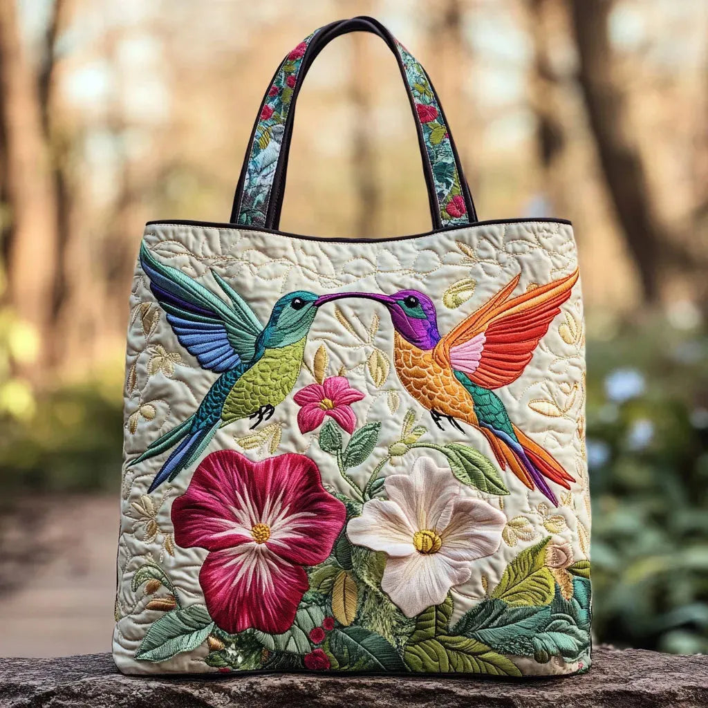 Artisan quilted tote bag with a hummingbird hovering beside a single open white bloom