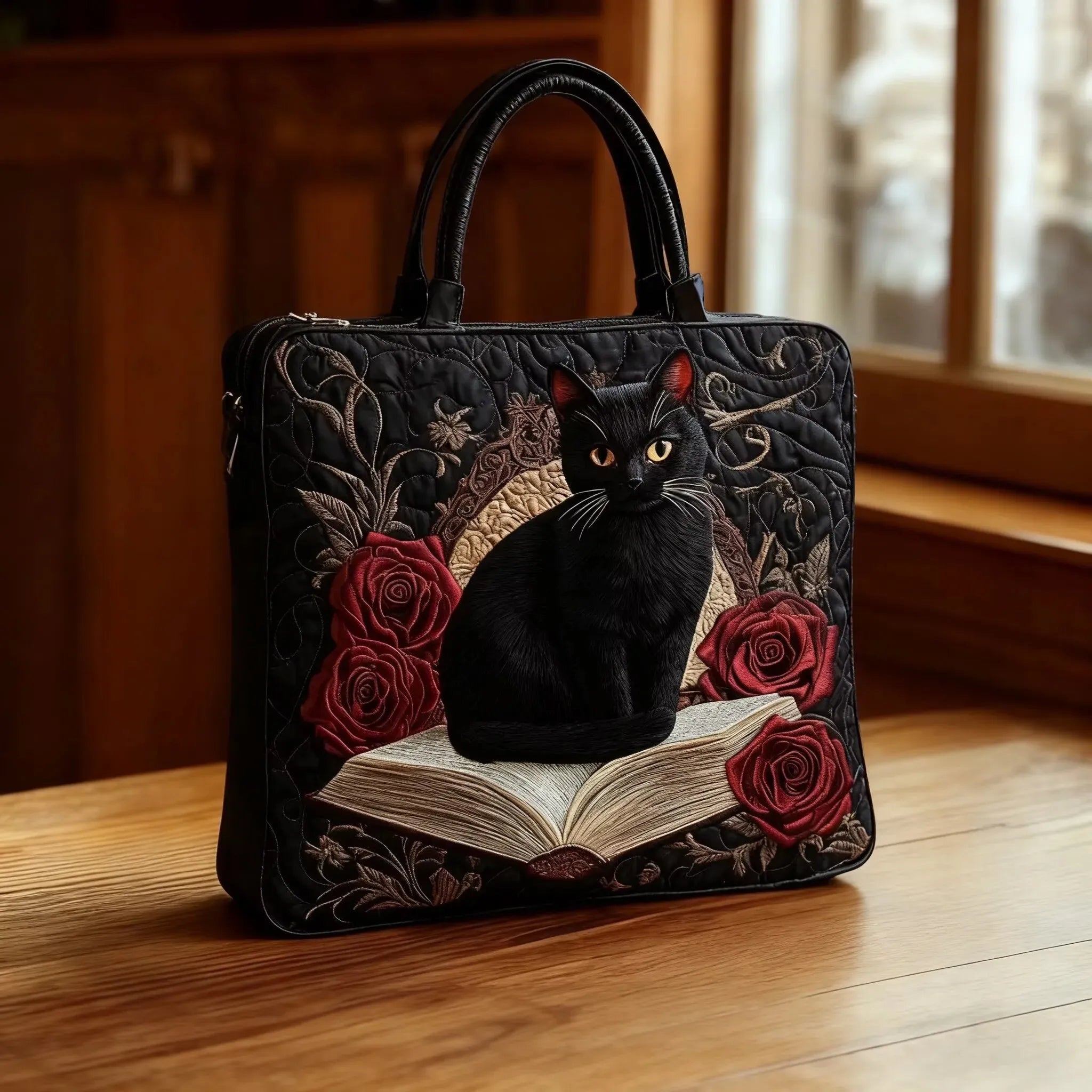 Artisan quilted tote bag with the Black Cat on Books design, a black cat curled asleep on a stack of books.
