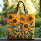 Artisan quilted tote bag with Golden Sunflowers filling the panel head to head, dark centres stitched close and petals turned to the light