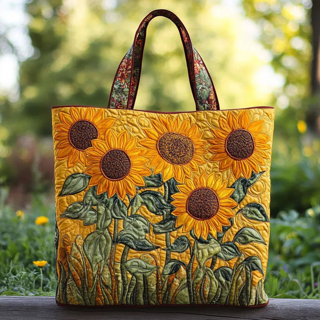 Artisan quilted tote bag with Golden Sunflowers filling the panel head to head, dark centres stitched close and petals turned to the light