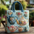 Artisan quilted tote bag with cottage-garden roses, hollyhocks and sweet peas in a full ordered border