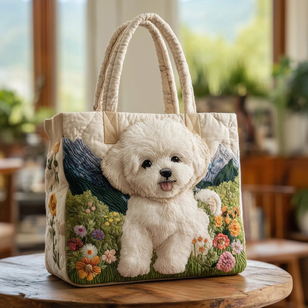 Artisan quilted tote bag with the Enchanted Dog design, a small woodland dog amongst ferns and toadstools in green and gold.
