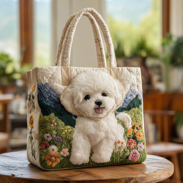 Artisan quilted tote bag with the Enchanted Dog design, a small woodland dog amongst ferns and toadstools in green and gold.