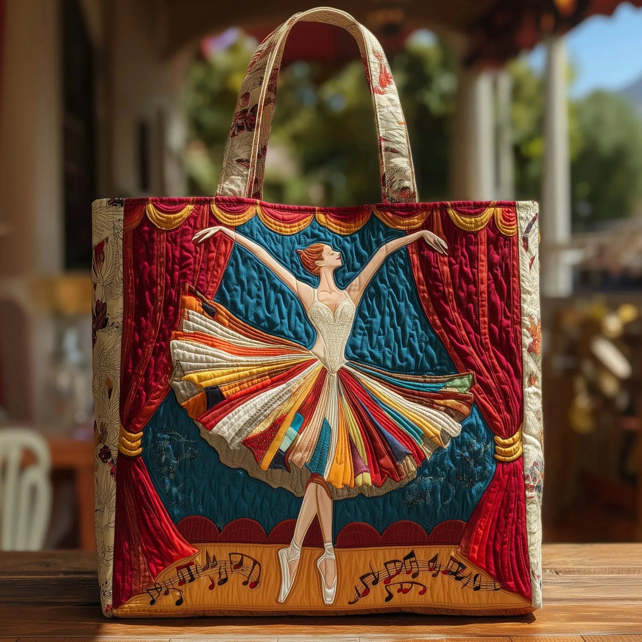 Artisan quilted tote bag with a poised ballerina in a soft skirt, arms lifted, pale blooms drifting behind her