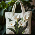 Artisan quilted tote bag with white lily blooms and slim green stems stitched in ivory across the front panel
