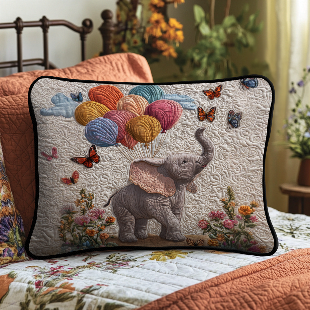 Elephant and Balloons quilted pillowcase – little elephant with pastel balloons
