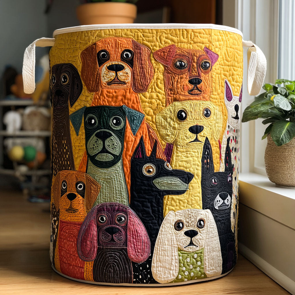Quilted laundry basket with a bright folk-art crowd of dogs