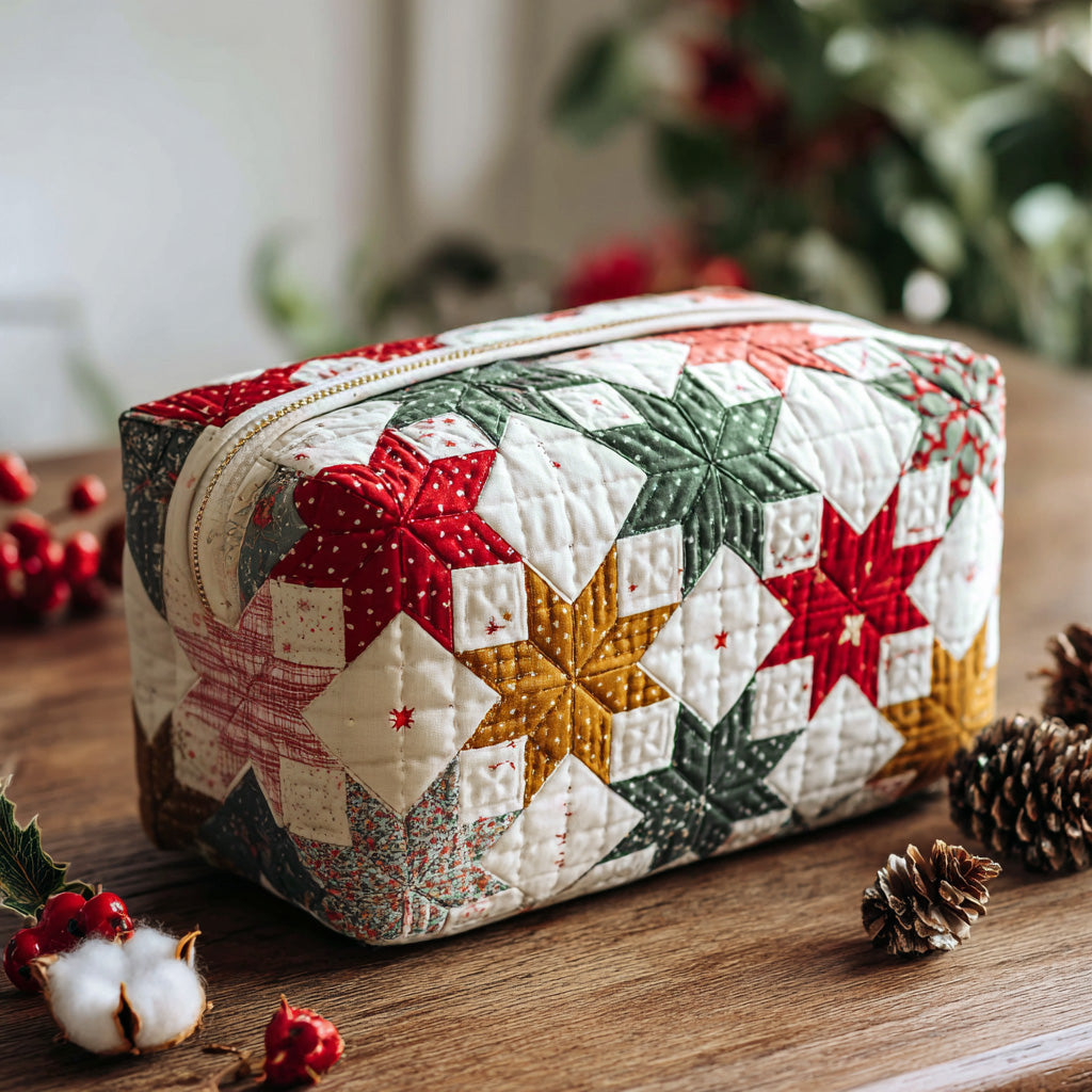 Barnstar Bliss quilted make-up bag with red, gold and green eight-point barn stars in a cream patchwork, Christmas feel