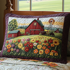 Red Barn and Wildflowers quilted pillowcase – red barn and windmill behind wildflowers