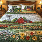 Quilted bedspread set with cows, hens and a pig among meadow blossom on soft cream in the Farmyard Blossom design