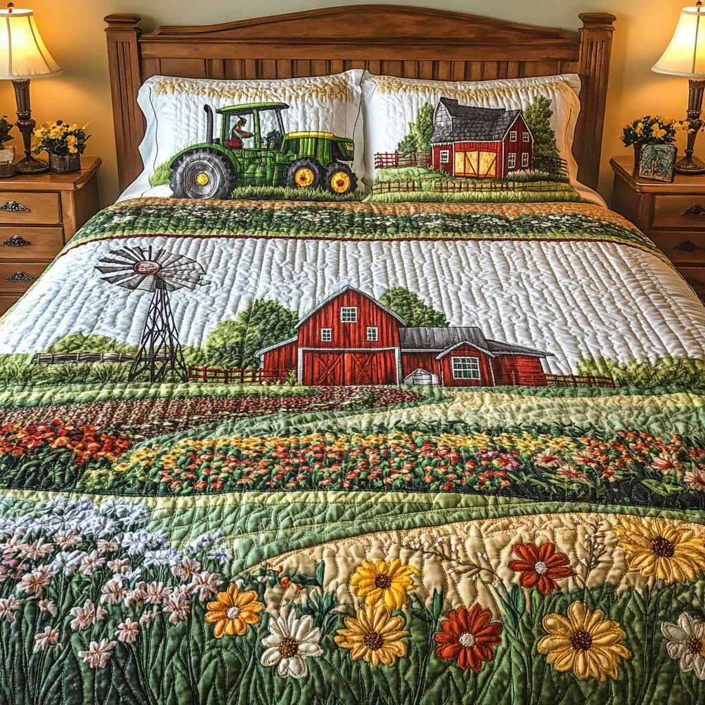 Quilted bedspread set with cows, hens and a pig among meadow blossom on soft cream in the Farmyard Blossom design