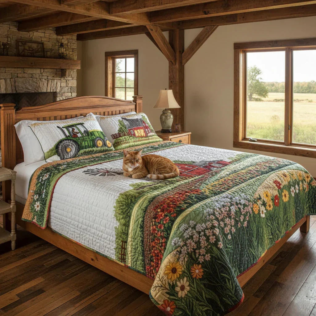 Two matching Farmyard Blossom pillow shams from the quilted bedspread set