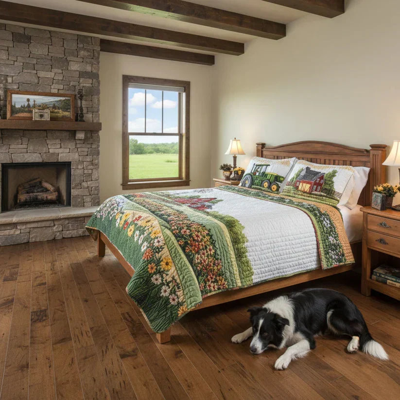 The Farmyard Blossom quilted bedspread set laid out on a made bed