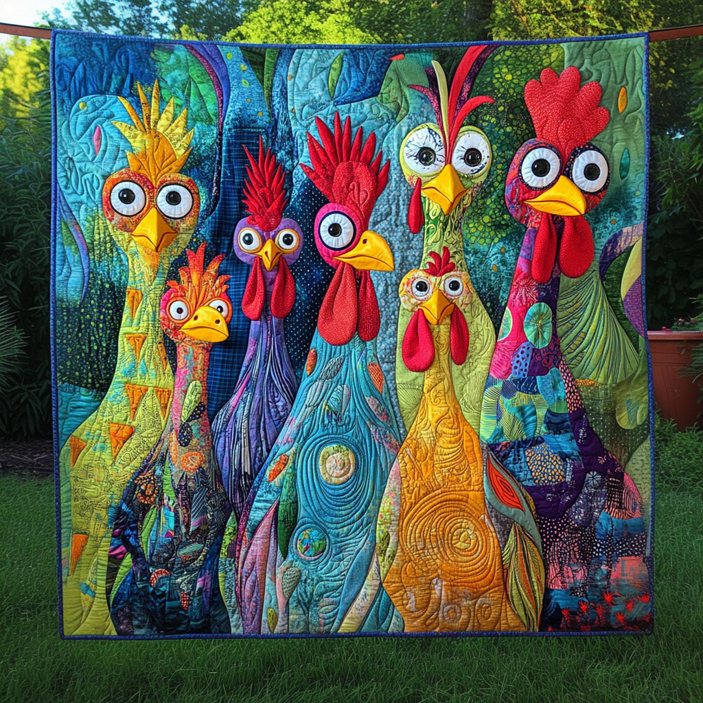 Funky Chickens quilted throw – wide-eyed colourful chickens