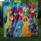 Funky Chickens quilted throw – wide-eyed colourful chickens